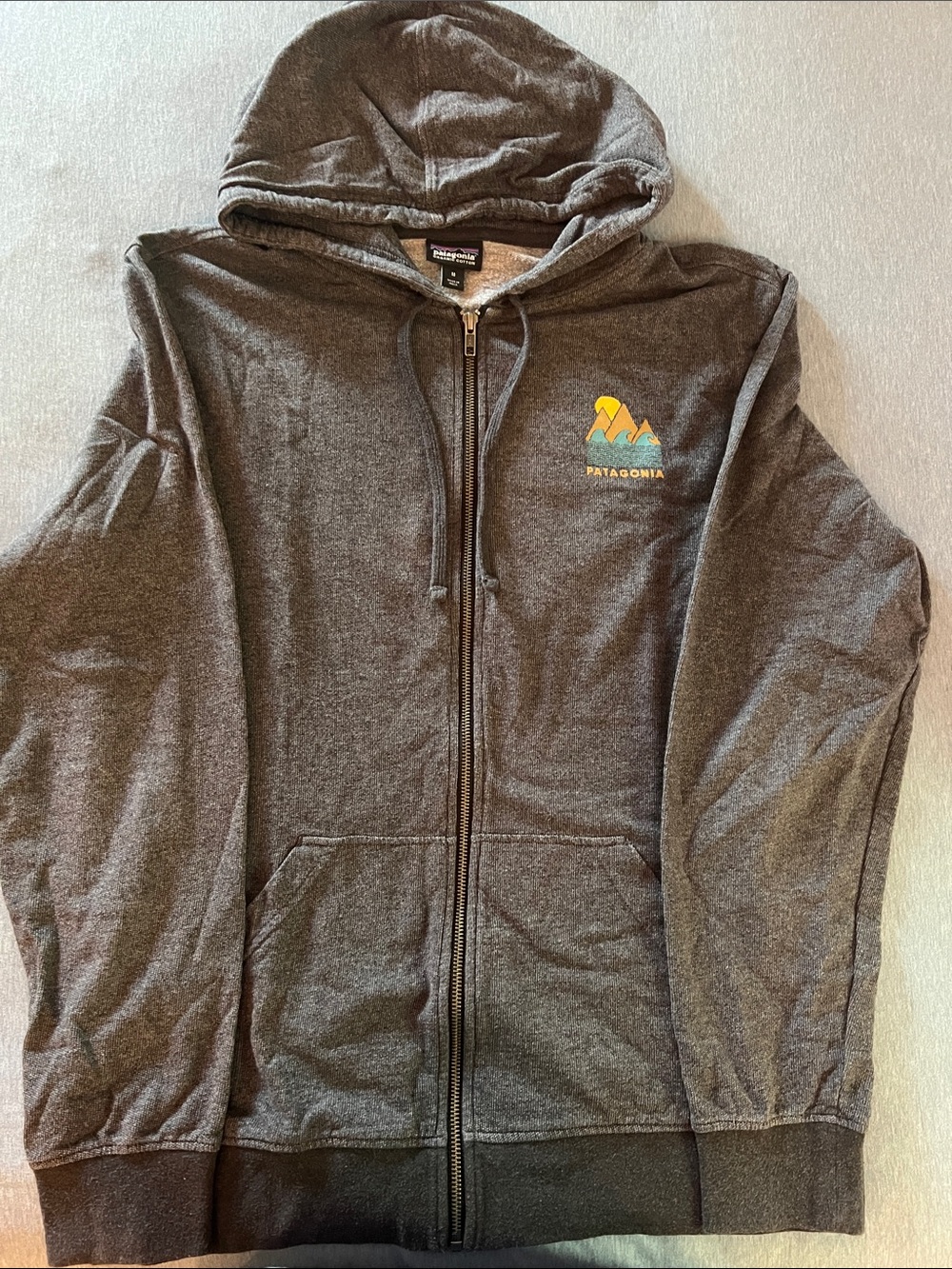 Patagonia Charcoal Zip Hoodie with Yellow & Teal Logo
